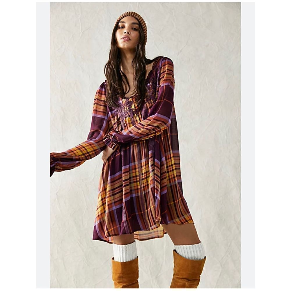 Free People - Faye Frock Mini Dress In Plum Combo size XS
